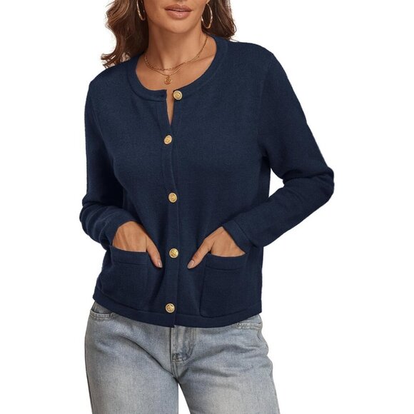Sweaters - Women's Striped Knit Cardigan Sweater Cropped Long Sleeve Button Fall Winter